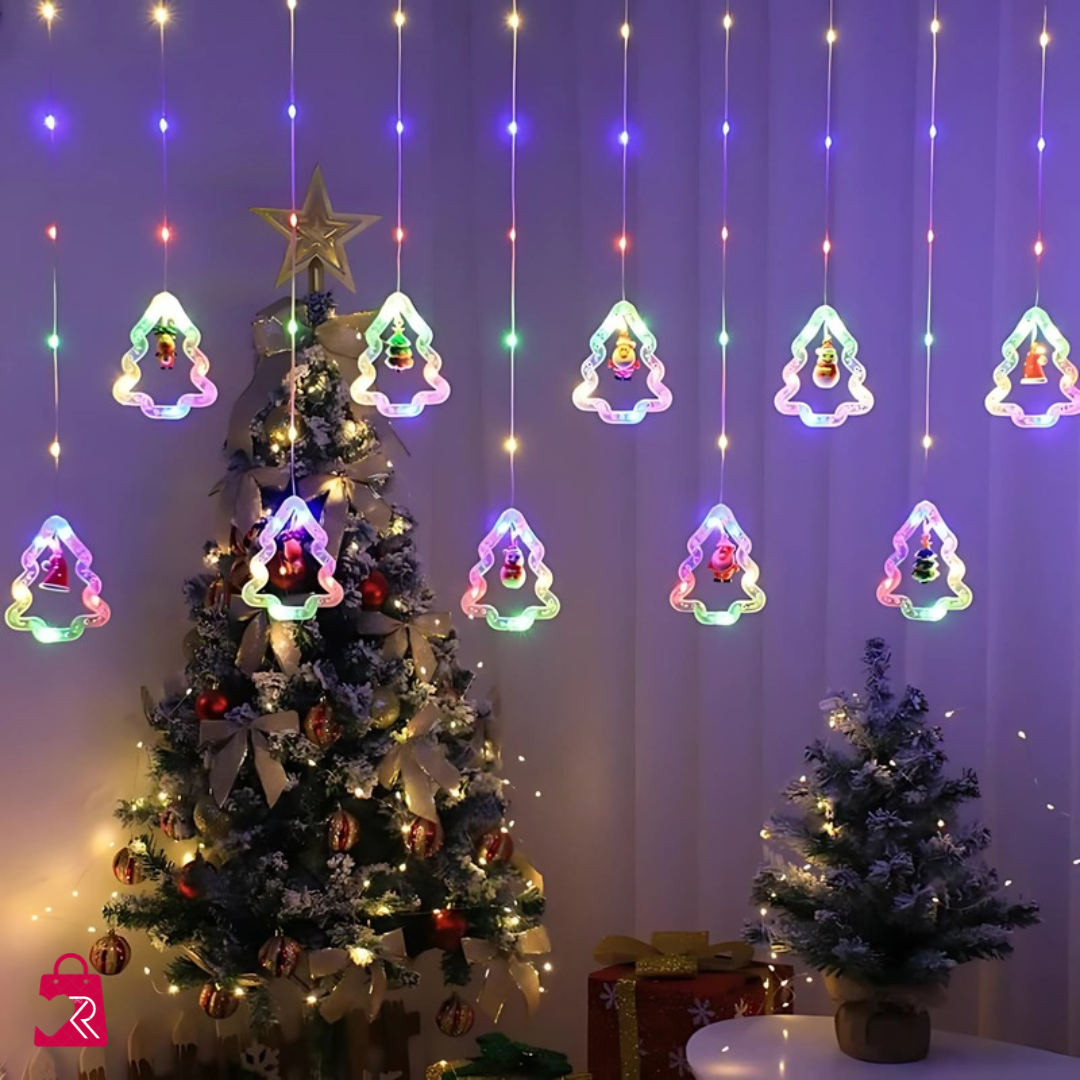 CORTINA DE LUCES LEC MODELO ÁRBOL CON MUÑEQUITOS COLGANTES