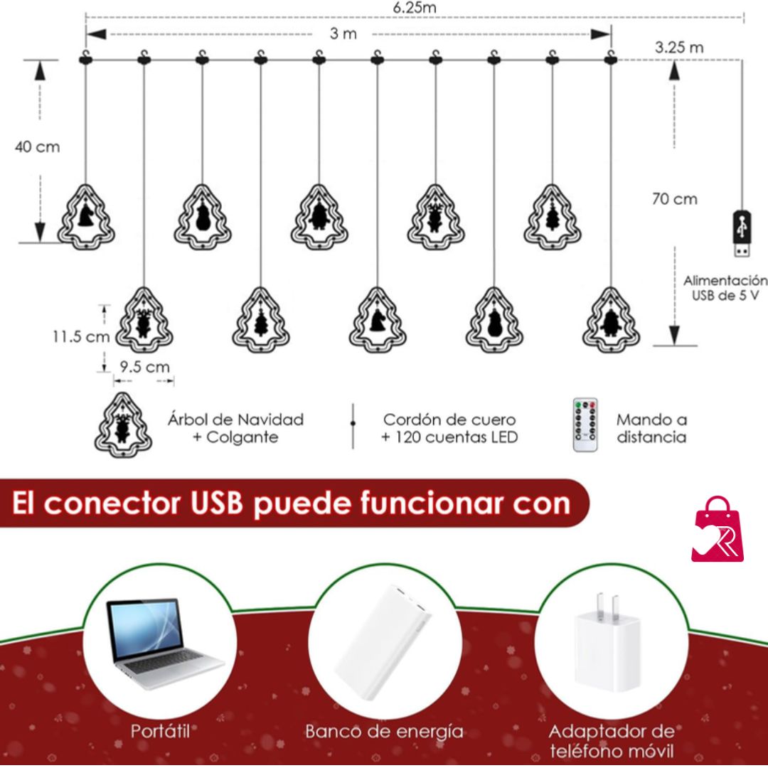 CORTINA DE LUCES LEC MODELO ÁRBOL CON MUÑEQUITOS COLGANTES