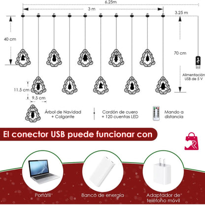 CORTINA DE LUCES LEC MODELO ÁRBOL CON MUÑEQUITOS COLGANTES